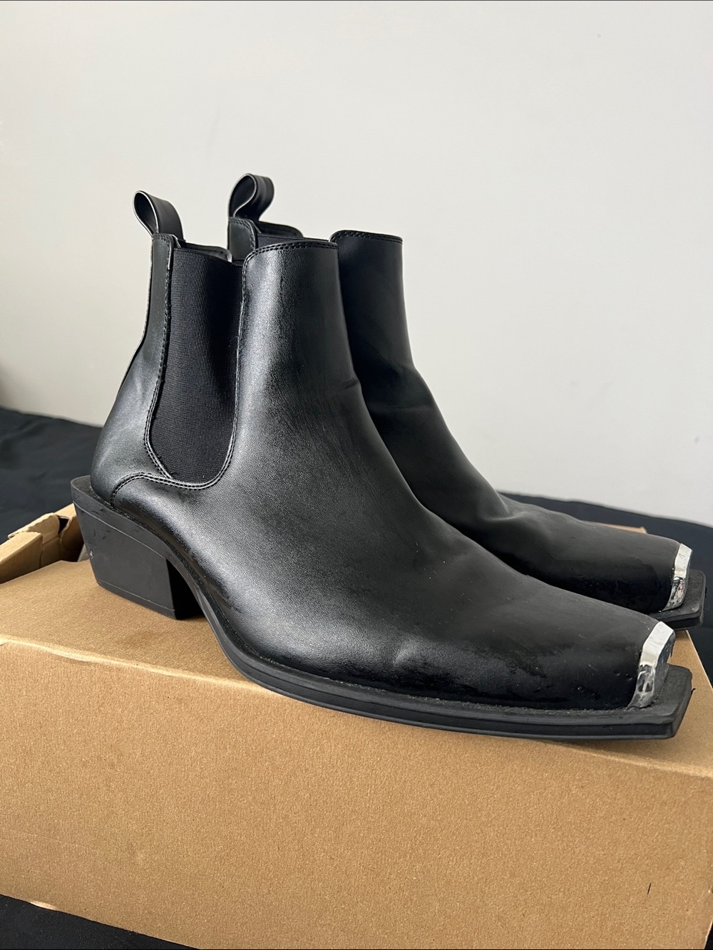 ASOS Black Leather Western Chelsea Boots with Silver Toe Caps